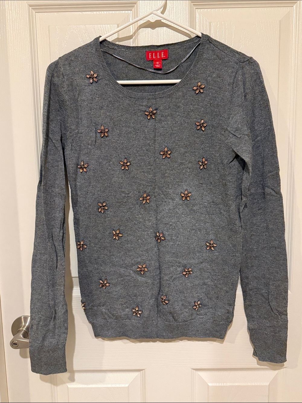 ELLE Gray Crewneck Sweater with Floral Bead Accents